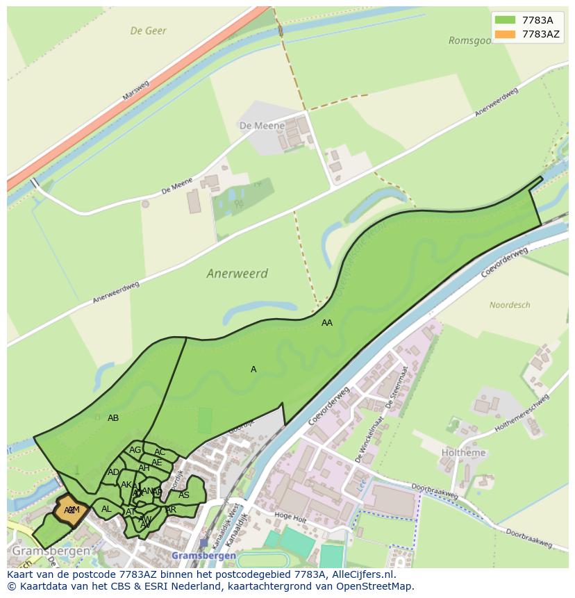 Afbeelding van het postcodegebied 7783 AZ op de kaart.