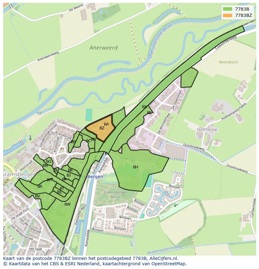 Afbeelding van het postcodegebied 7783 BZ op de kaart.