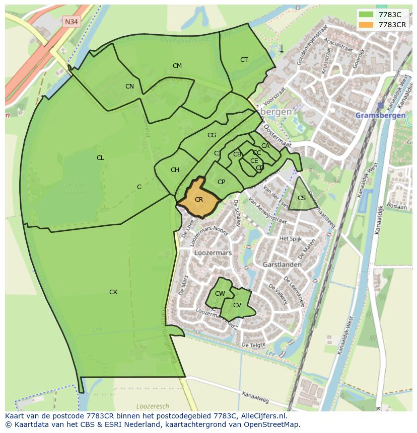 Afbeelding van het postcodegebied 7783 CR op de kaart.
