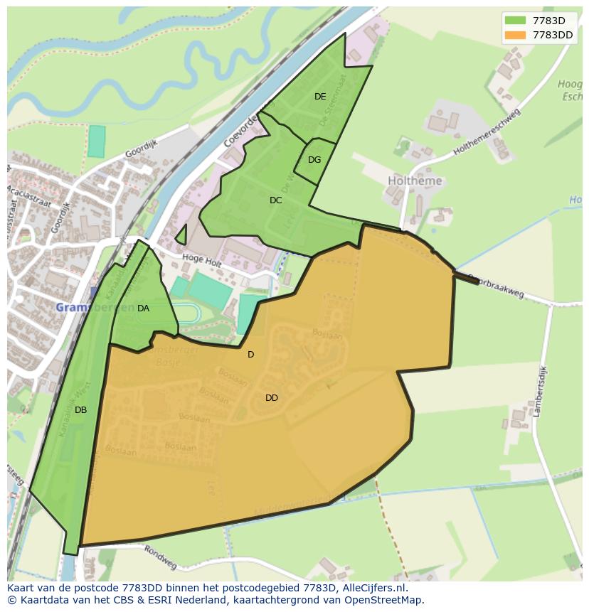 Afbeelding van het postcodegebied 7783 DD op de kaart.