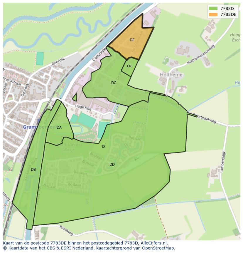 Afbeelding van het postcodegebied 7783 DE op de kaart.
