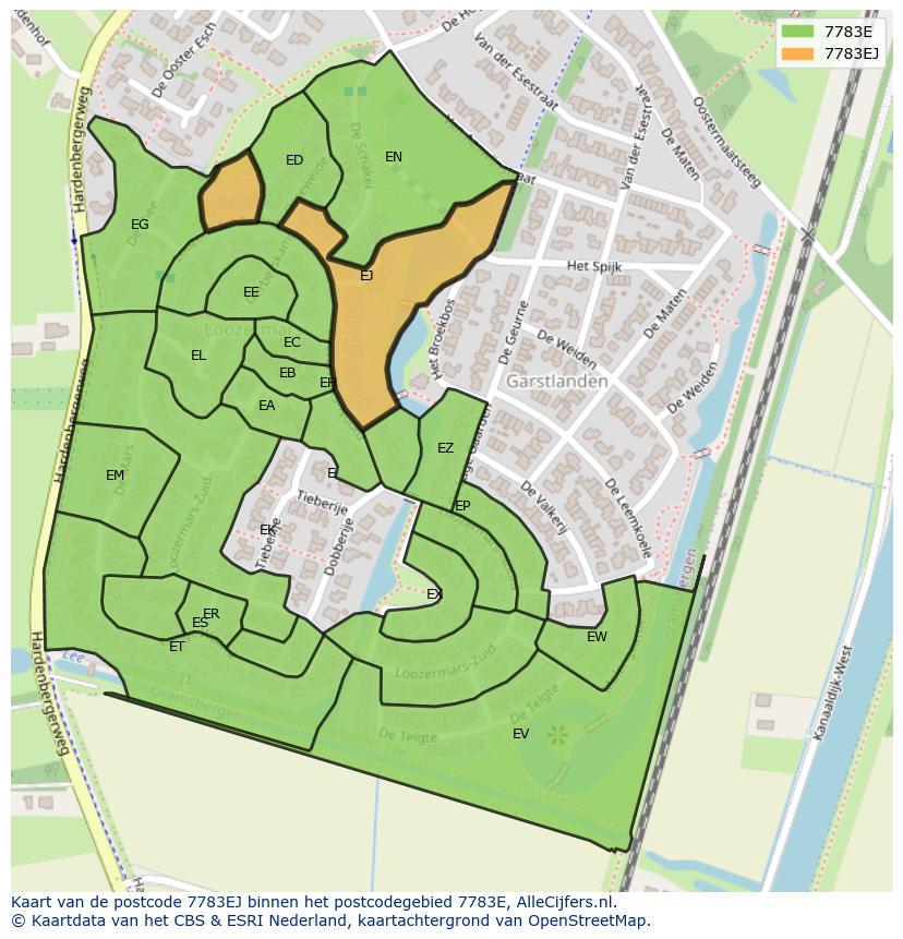 Afbeelding van het postcodegebied 7783 EJ op de kaart.