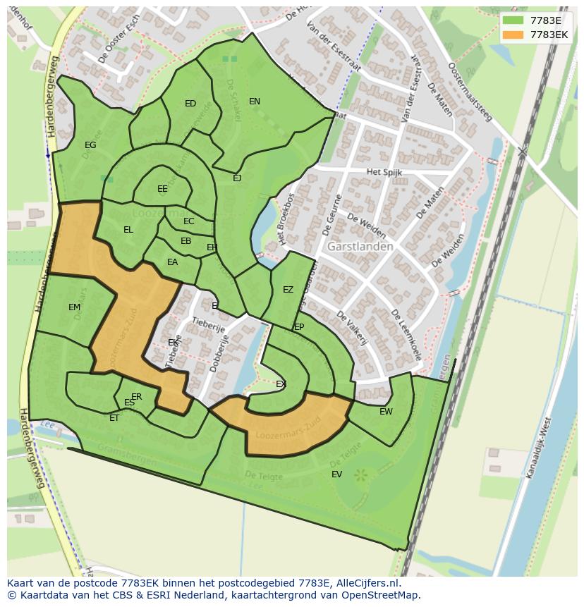 Afbeelding van het postcodegebied 7783 EK op de kaart.