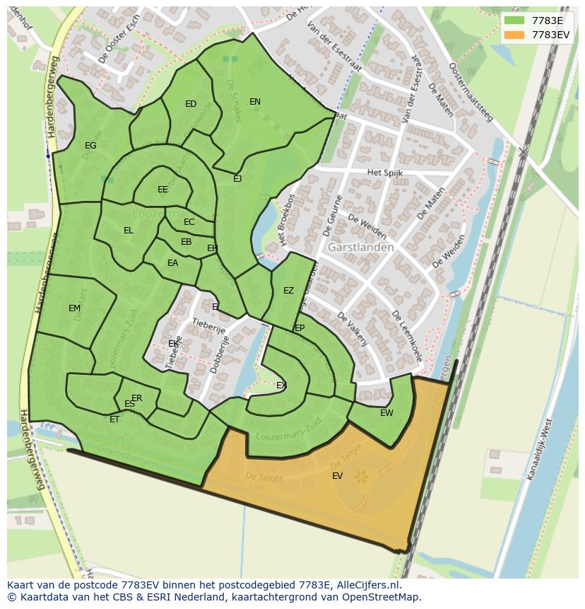 Afbeelding van het postcodegebied 7783 EV op de kaart.