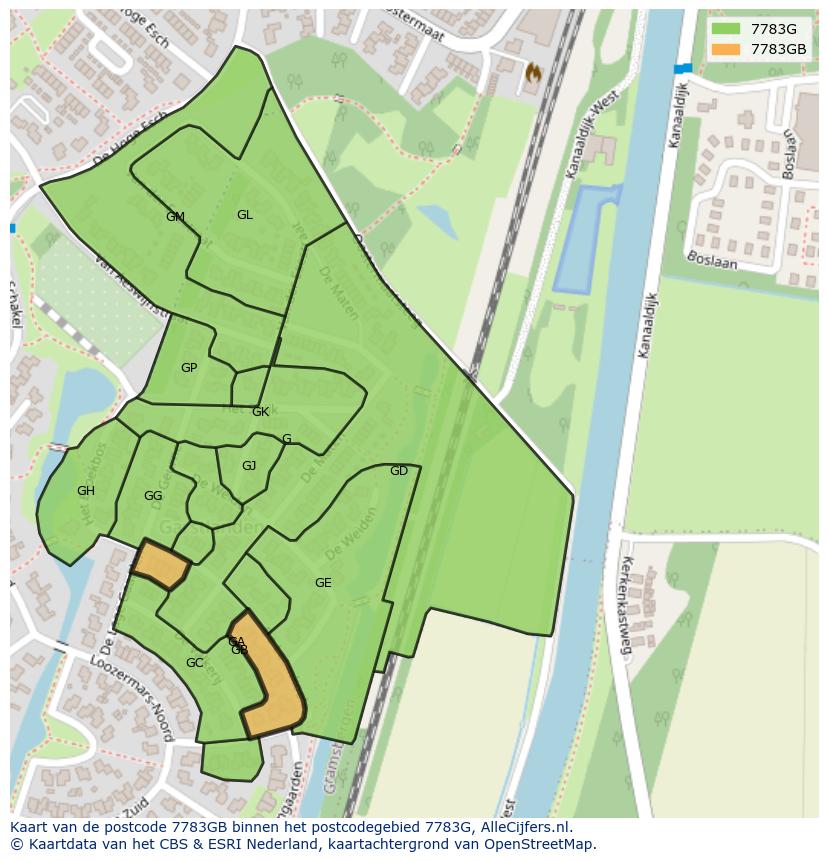 Afbeelding van het postcodegebied 7783 GB op de kaart.