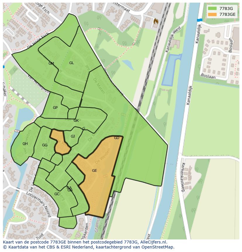 Afbeelding van het postcodegebied 7783 GE op de kaart.