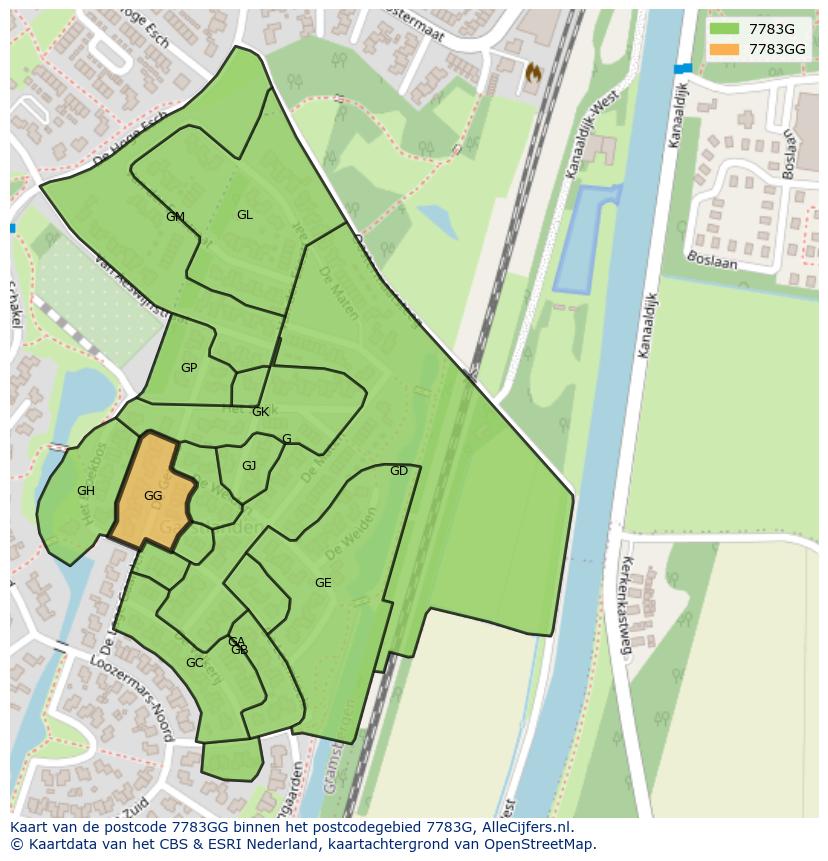 Afbeelding van het postcodegebied 7783 GG op de kaart.