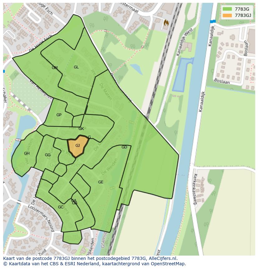 Afbeelding van het postcodegebied 7783 GJ op de kaart.