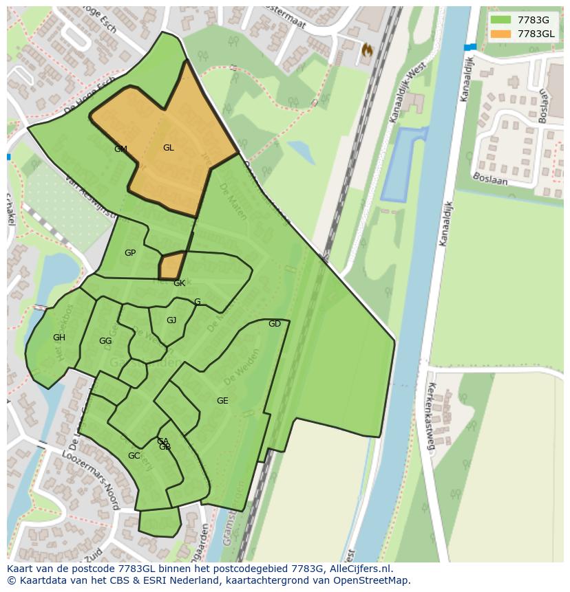 Afbeelding van het postcodegebied 7783 GL op de kaart.