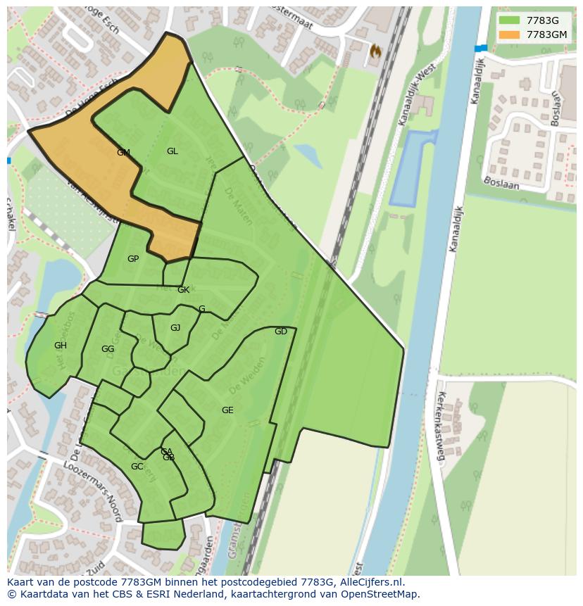 Afbeelding van het postcodegebied 7783 GM op de kaart.