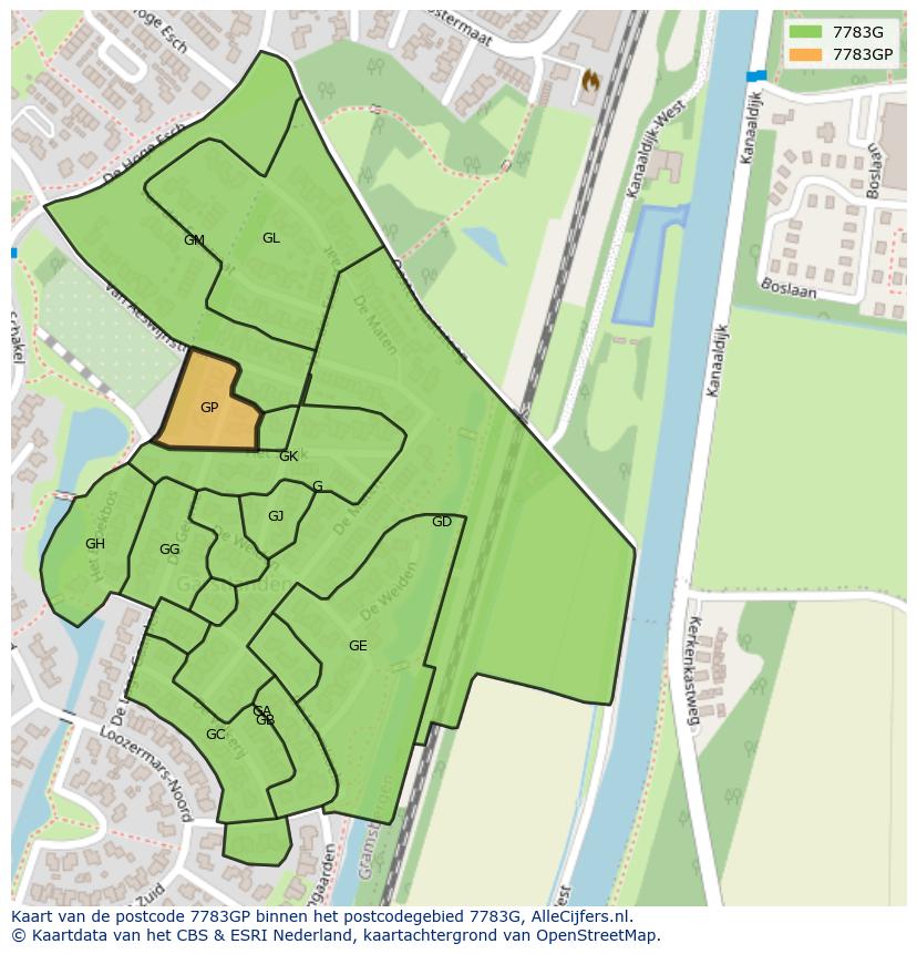 Afbeelding van het postcodegebied 7783 GP op de kaart.