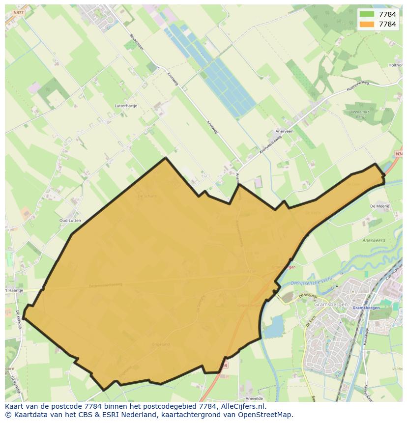 Afbeelding van het postcodegebied 7784 op de kaart.