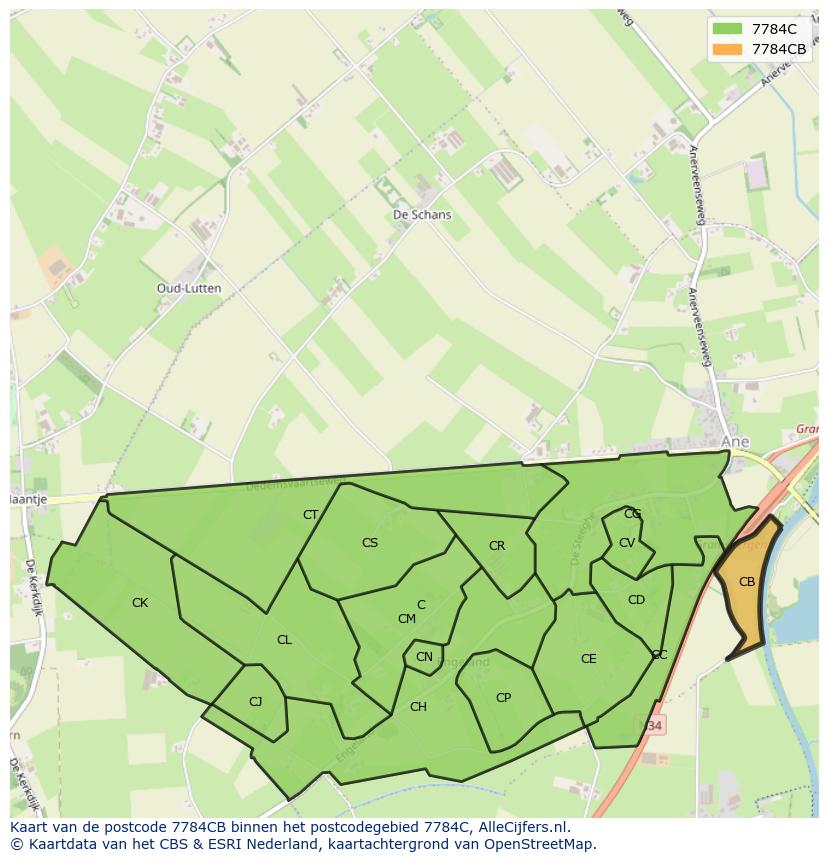 Afbeelding van het postcodegebied 7784 CB op de kaart.