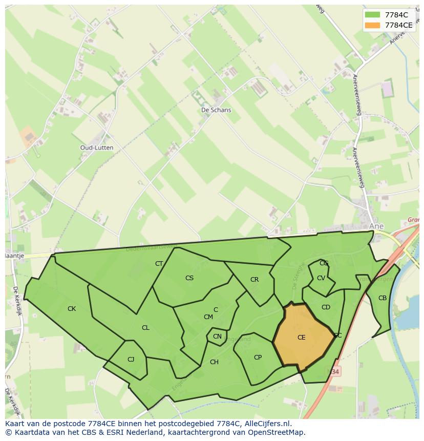 Afbeelding van het postcodegebied 7784 CE op de kaart.