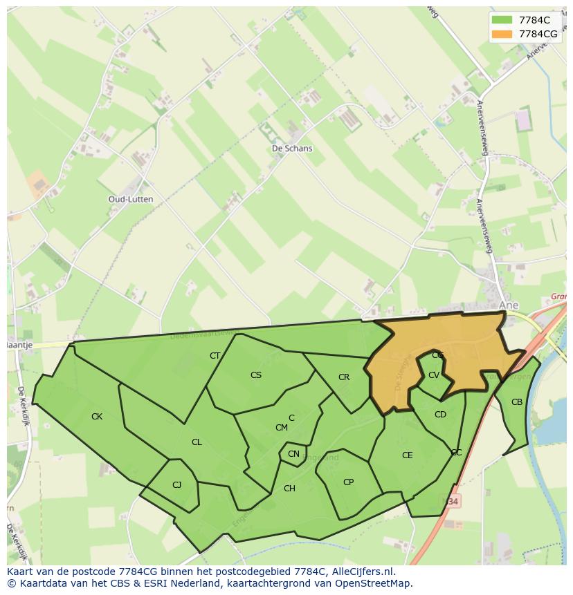 Afbeelding van het postcodegebied 7784 CG op de kaart.