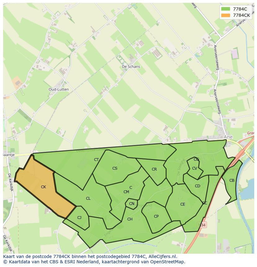 Afbeelding van het postcodegebied 7784 CK op de kaart.