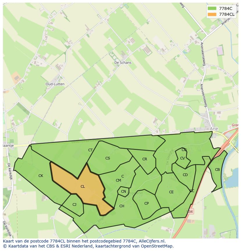 Afbeelding van het postcodegebied 7784 CL op de kaart.