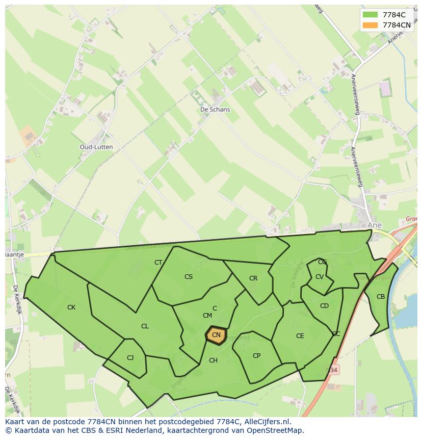Afbeelding van het postcodegebied 7784 CN op de kaart.