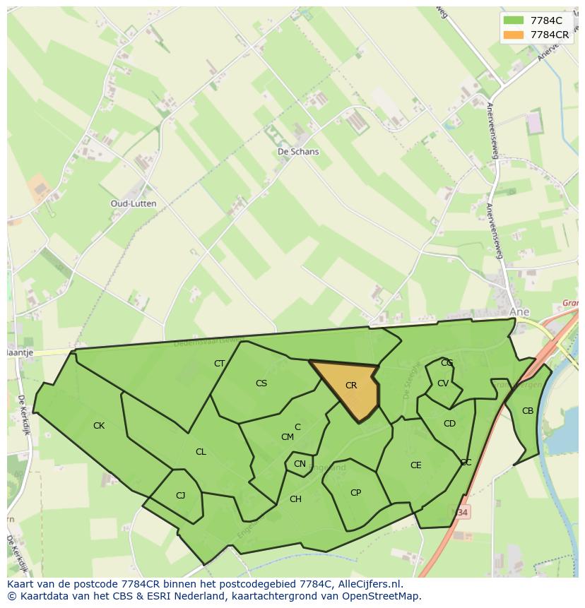 Afbeelding van het postcodegebied 7784 CR op de kaart.