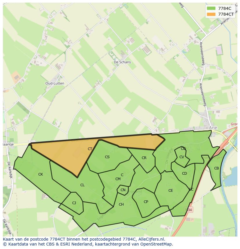 Afbeelding van het postcodegebied 7784 CT op de kaart.