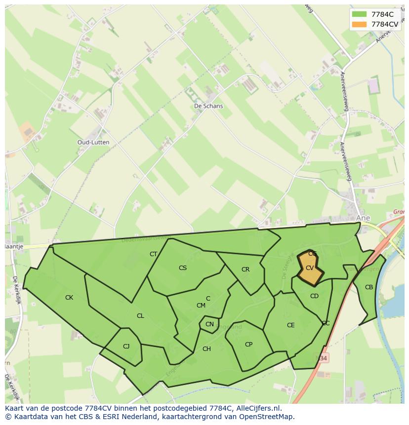 Afbeelding van het postcodegebied 7784 CV op de kaart.
