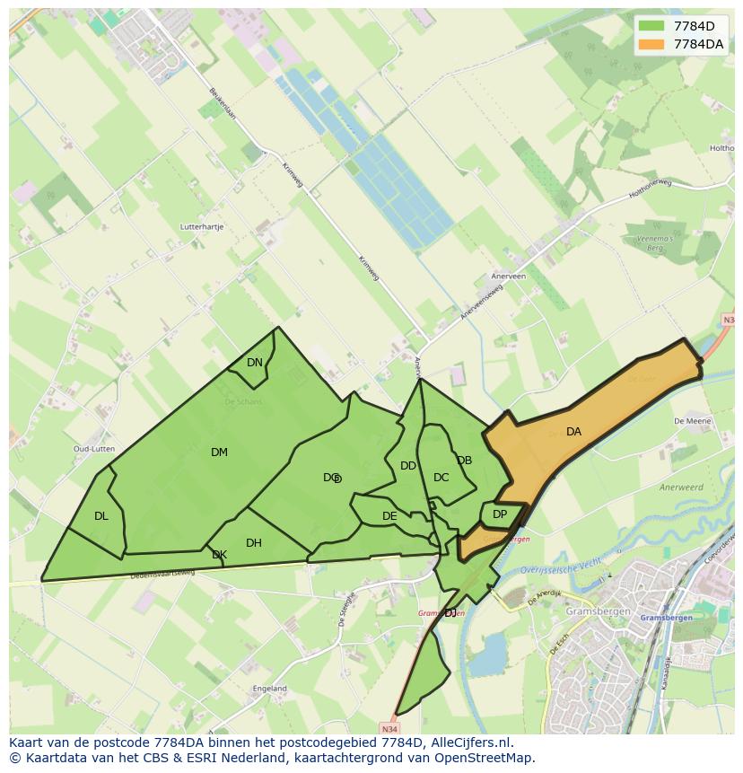 Afbeelding van het postcodegebied 7784 DA op de kaart.