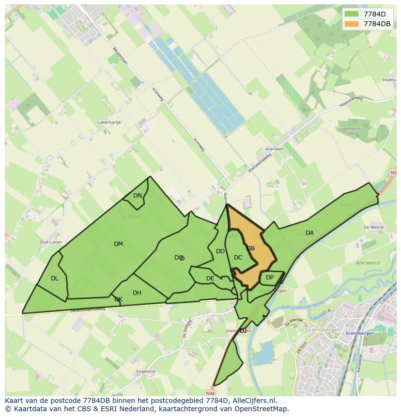 Afbeelding van het postcodegebied 7784 DB op de kaart.
