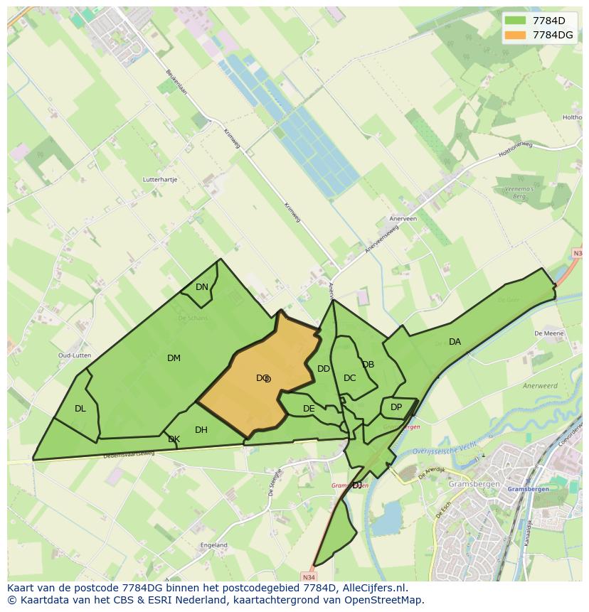 Afbeelding van het postcodegebied 7784 DG op de kaart.