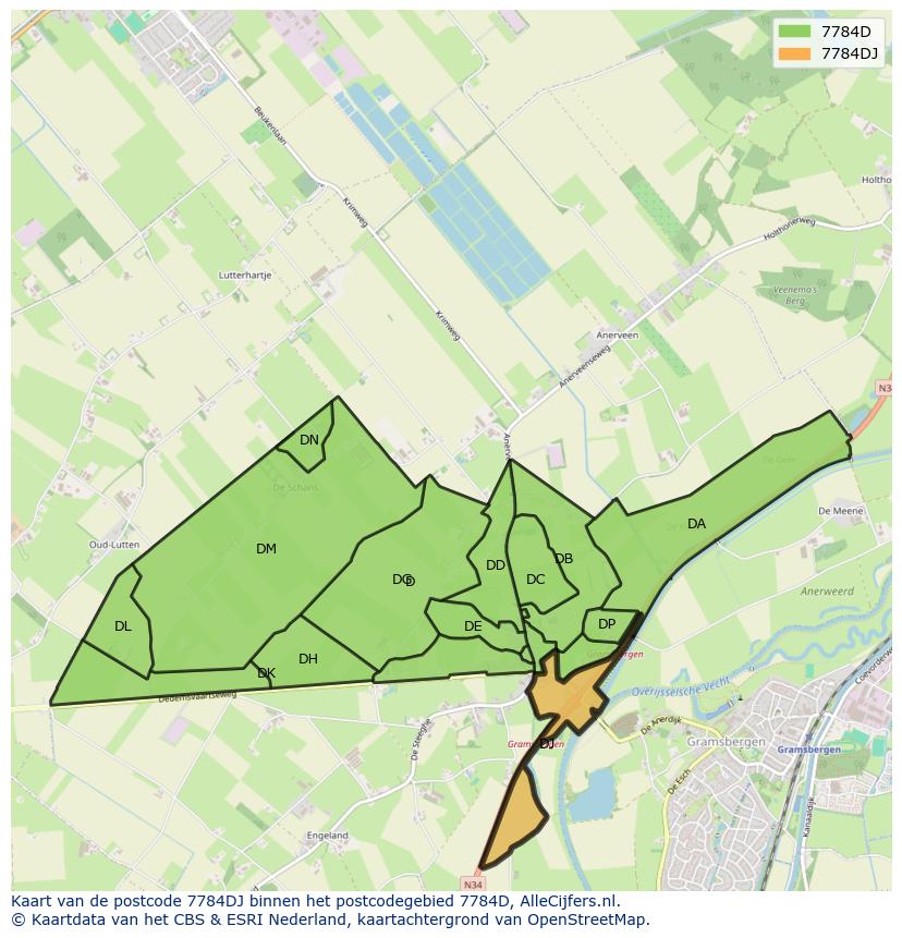 Afbeelding van het postcodegebied 7784 DJ op de kaart.