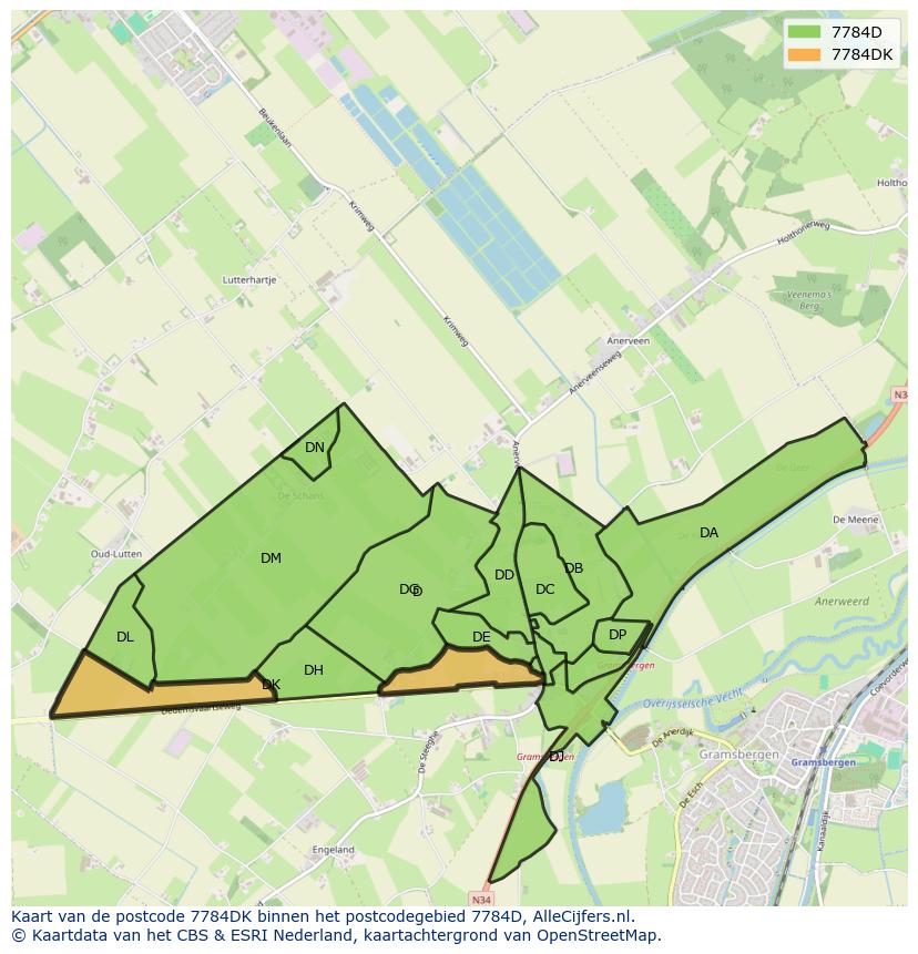 Afbeelding van het postcodegebied 7784 DK op de kaart.