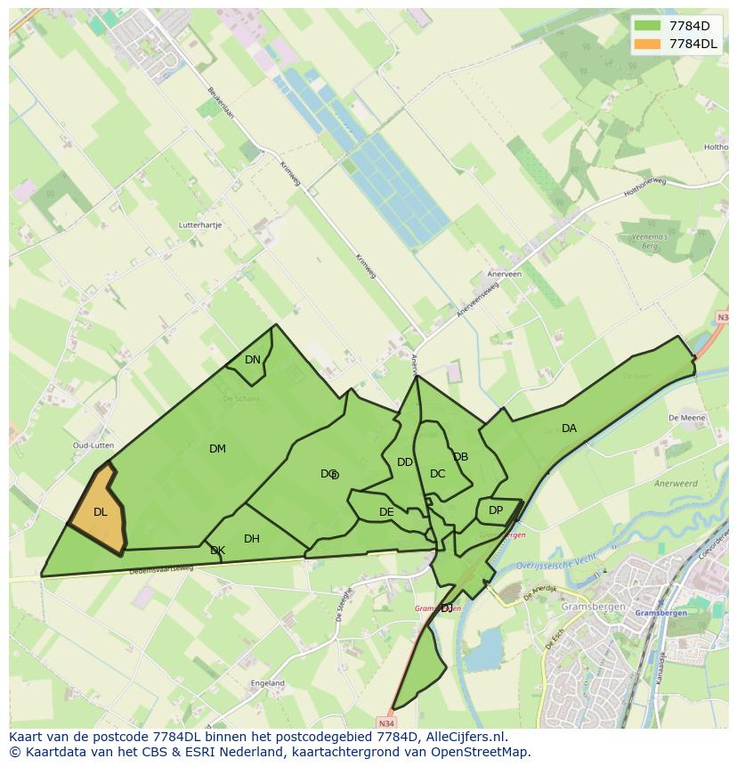 Afbeelding van het postcodegebied 7784 DL op de kaart.