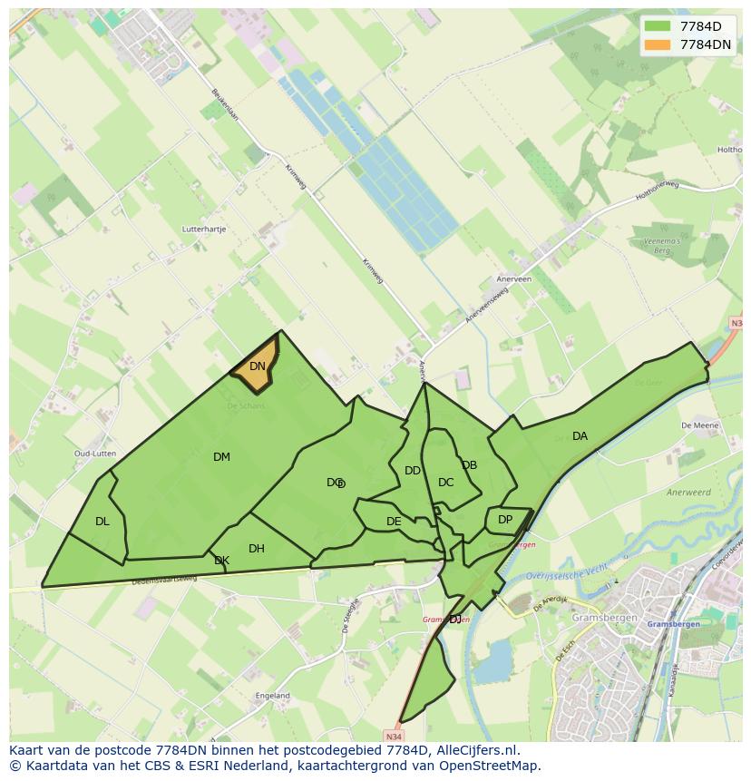 Afbeelding van het postcodegebied 7784 DN op de kaart.