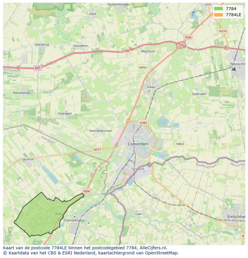 Afbeelding van het postcodegebied 7784 LE op de kaart.