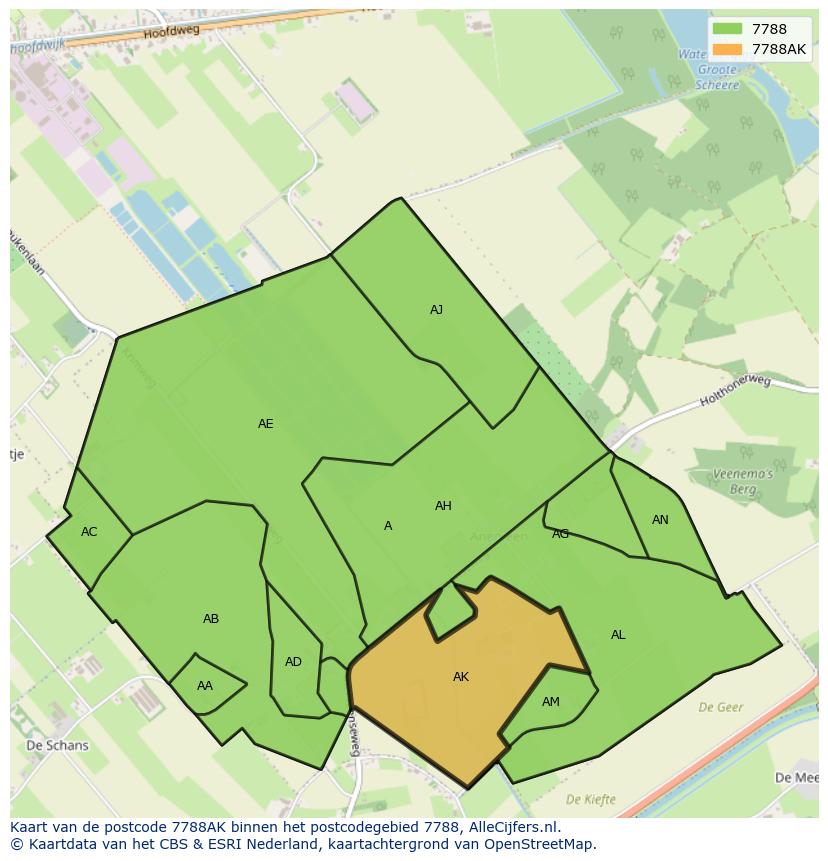 Afbeelding van het postcodegebied 7788 AK op de kaart.