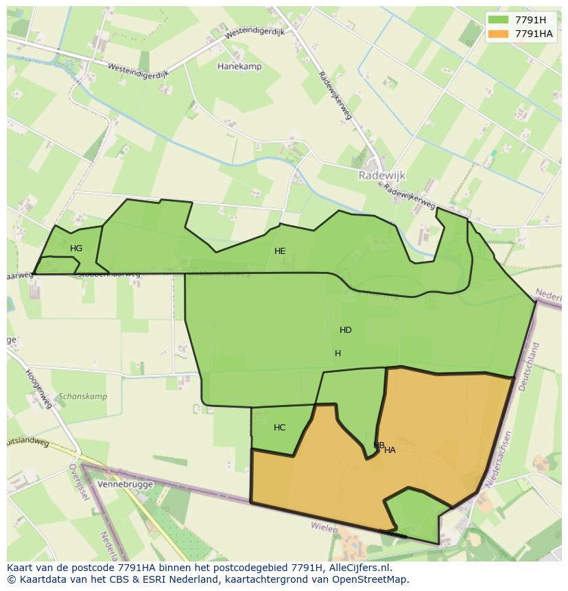 Afbeelding van het postcodegebied 7791 HA op de kaart.