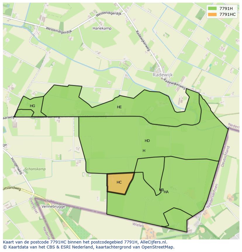 Afbeelding van het postcodegebied 7791 HC op de kaart.