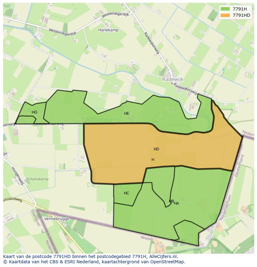 Afbeelding van het postcodegebied 7791 HD op de kaart.