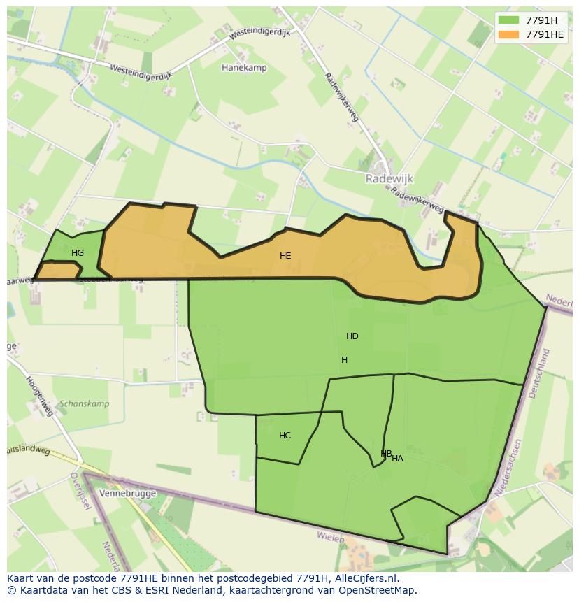 Afbeelding van het postcodegebied 7791 HE op de kaart.