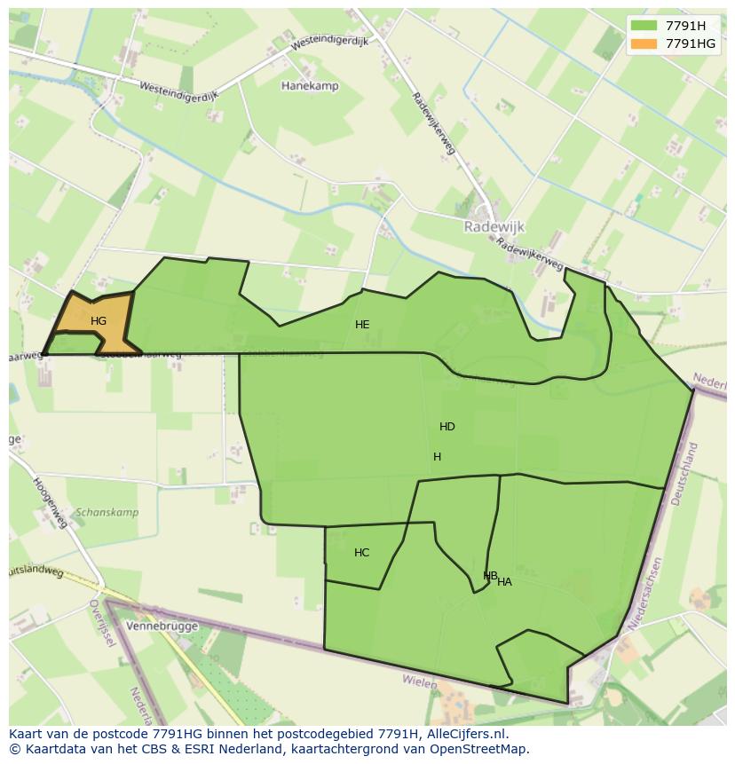 Afbeelding van het postcodegebied 7791 HG op de kaart.