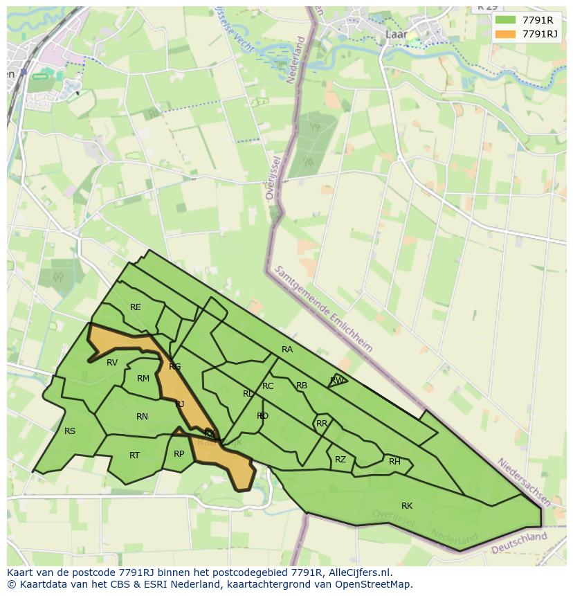 Afbeelding van het postcodegebied 7791 RJ op de kaart.