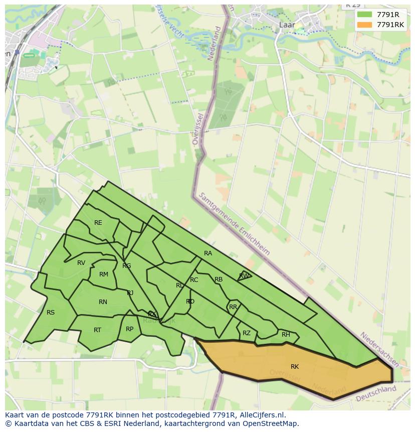 Afbeelding van het postcodegebied 7791 RK op de kaart.