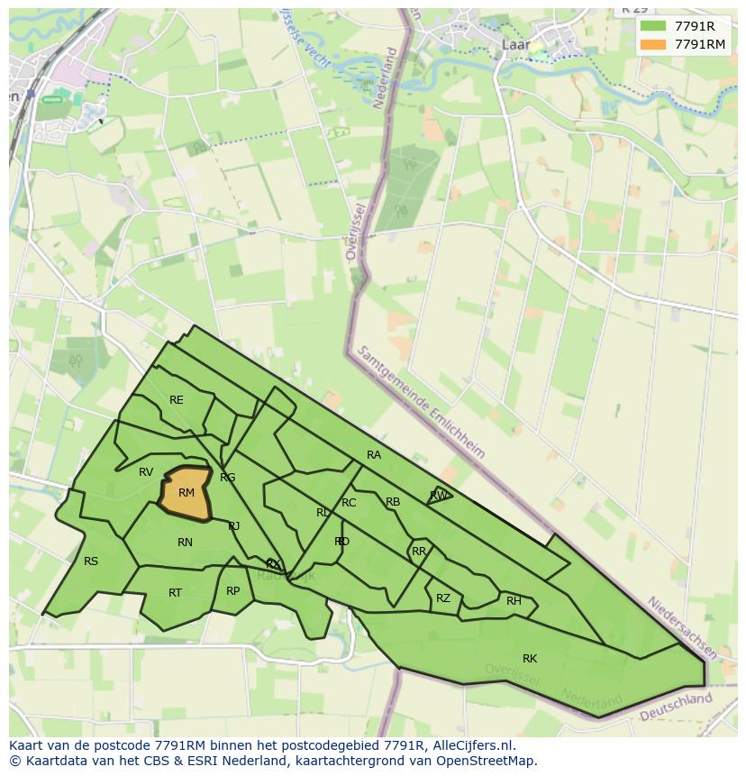 Afbeelding van het postcodegebied 7791 RM op de kaart.