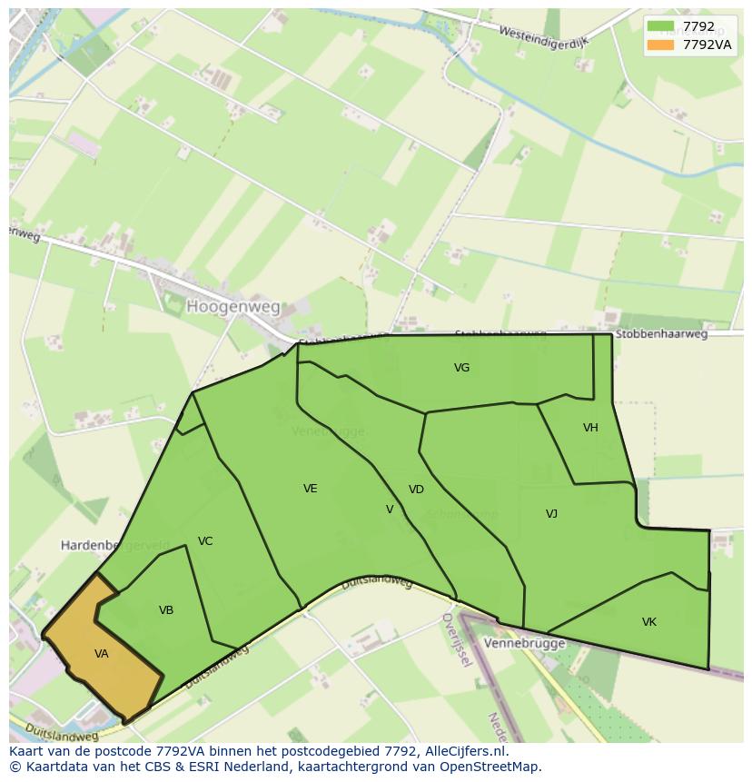 Afbeelding van het postcodegebied 7792 VA op de kaart.