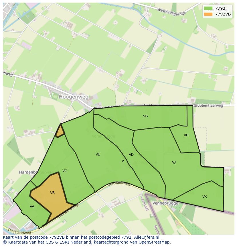 Afbeelding van het postcodegebied 7792 VB op de kaart.