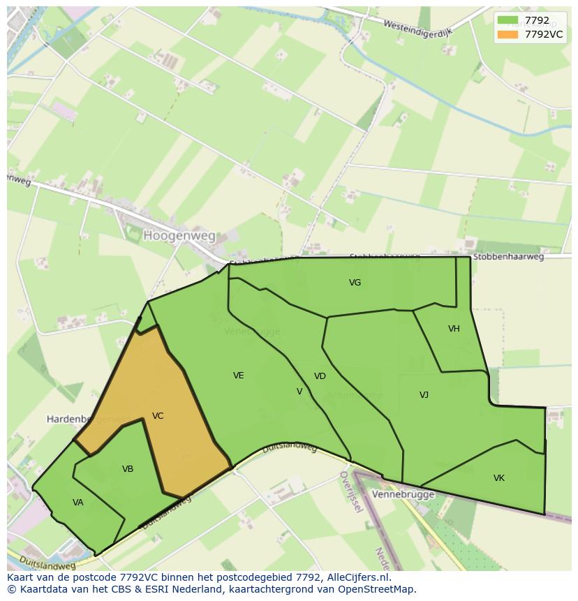 Afbeelding van het postcodegebied 7792 VC op de kaart.