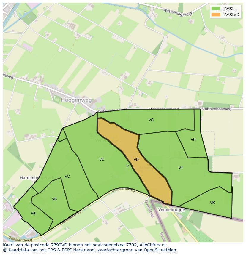 Afbeelding van het postcodegebied 7792 VD op de kaart.
