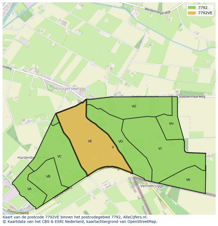 Afbeelding van het postcodegebied 7792 VE op de kaart.