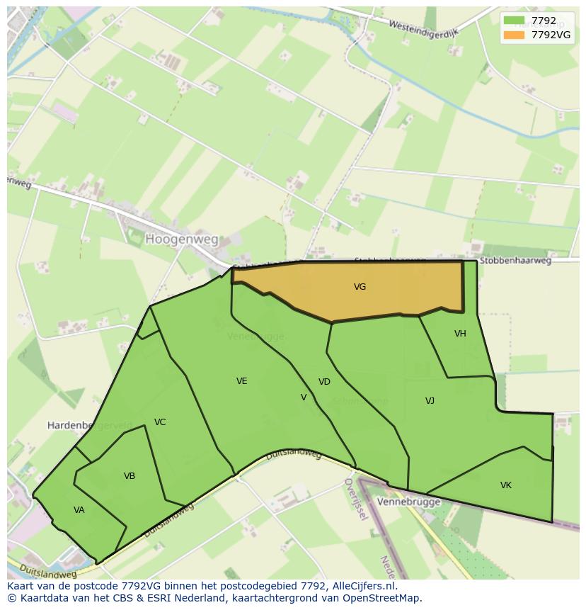 Afbeelding van het postcodegebied 7792 VG op de kaart.