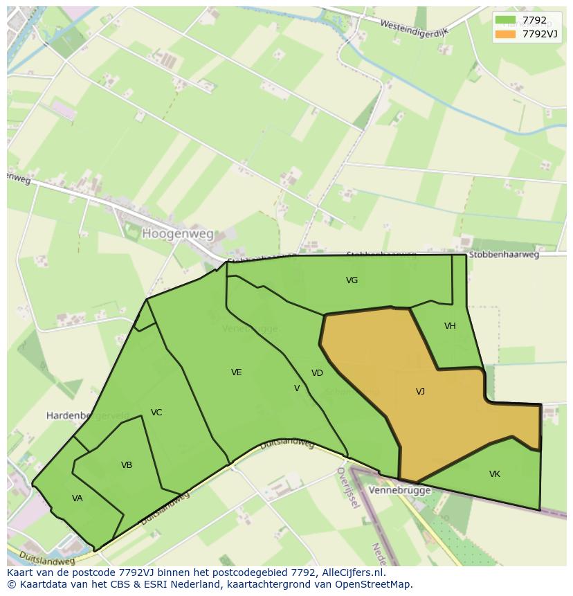 Afbeelding van het postcodegebied 7792 VJ op de kaart.