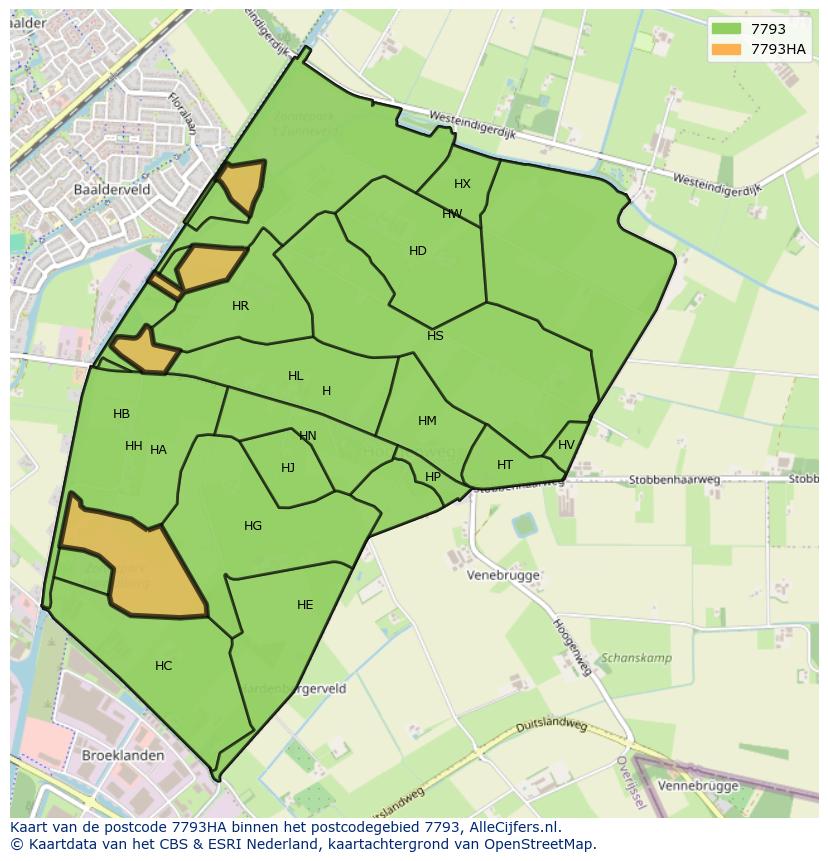 Afbeelding van het postcodegebied 7793 HA op de kaart.